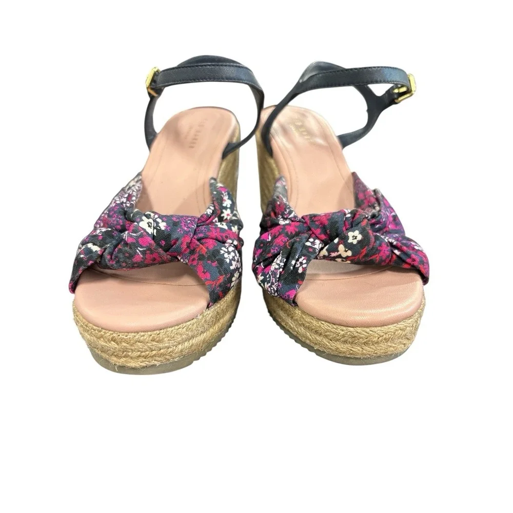 Ted Baker London Taylina Floral Espadrille Wedge‎ Sandal Navy Blue Size 7.5 / 38